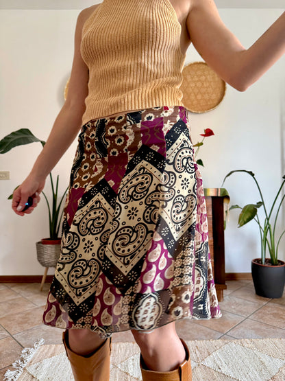 Y2K vintage burgundy, tan and black geometric print midi skirt