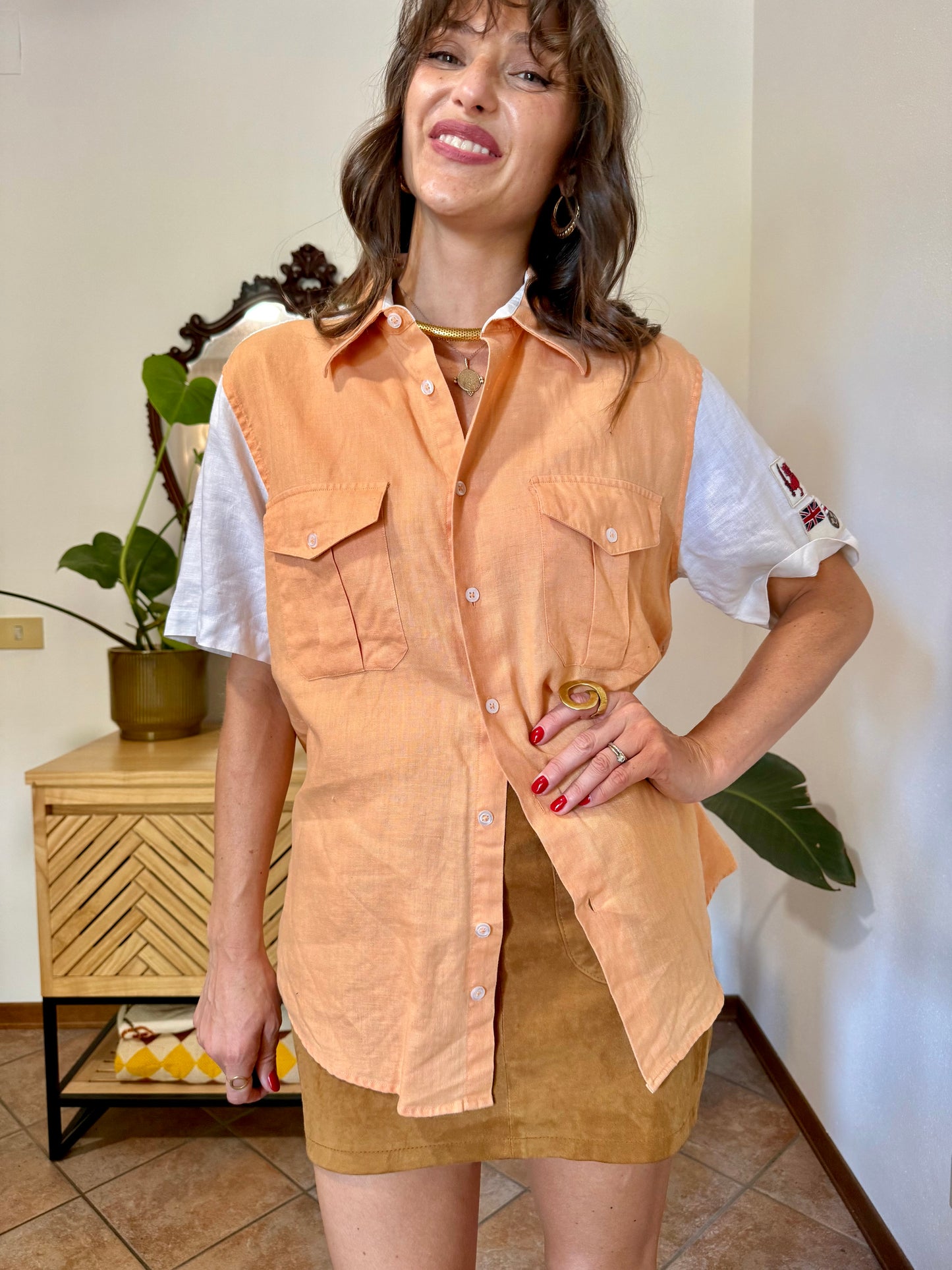 1990’s vintage pastel orange and white linen shirt with patches