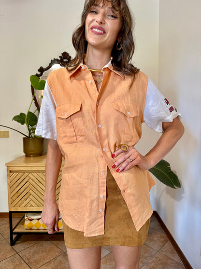 1990’s vintage pastel orange and white linen shirt with patches