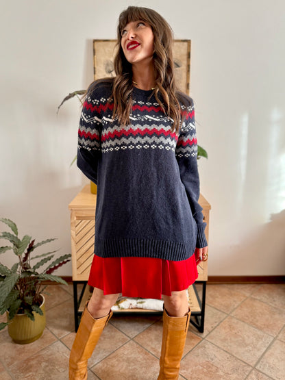 1990’s vintage navy blue knit pullover with red and cream geometric pattern
