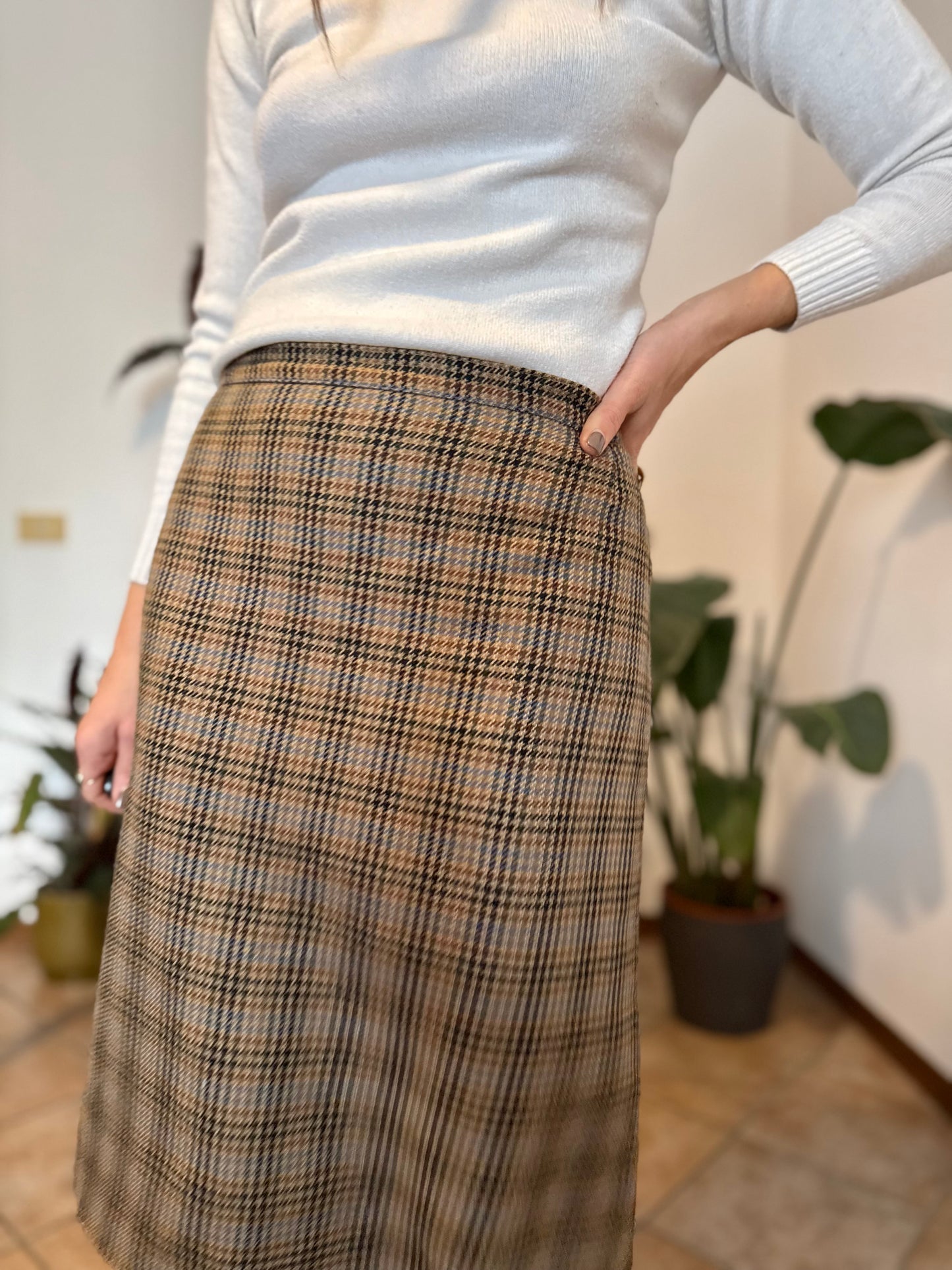 1970's vintage chocolate brown, green and blue plaid wool midi skirt