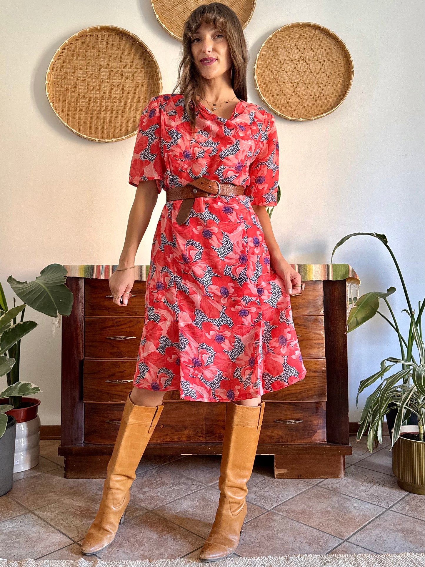 1960’s vintage punk and purple floral print midi dress with cowl neck