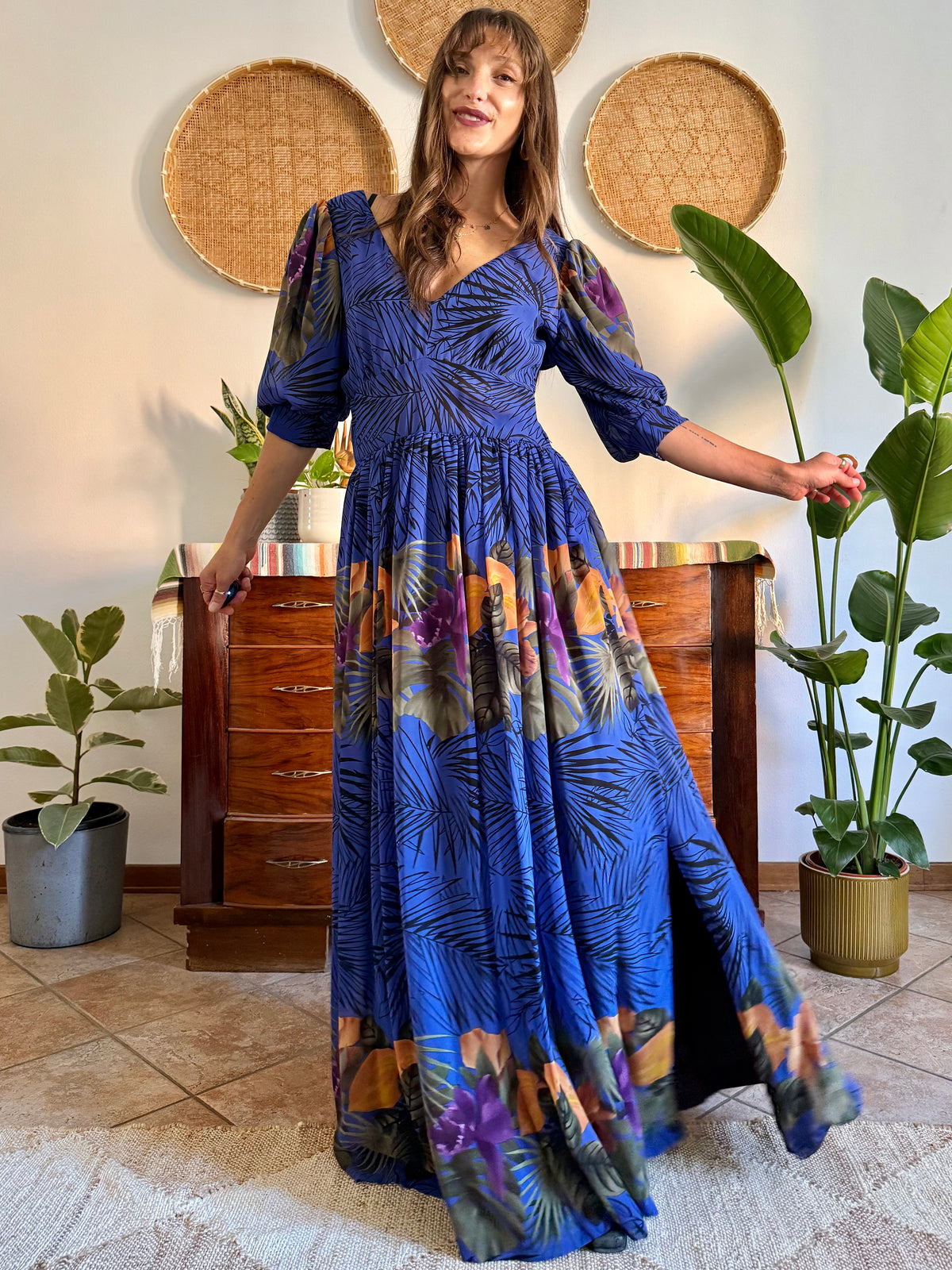 1960’s vintage blue floral silk evening gown with matching scarf and belt