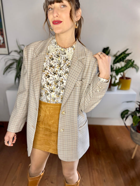 1970's vintage cream, blue and tan oversize plaid wool blazer