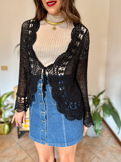 Y2k vintage black bell sleeve crocheted cardigan with silver thread accents