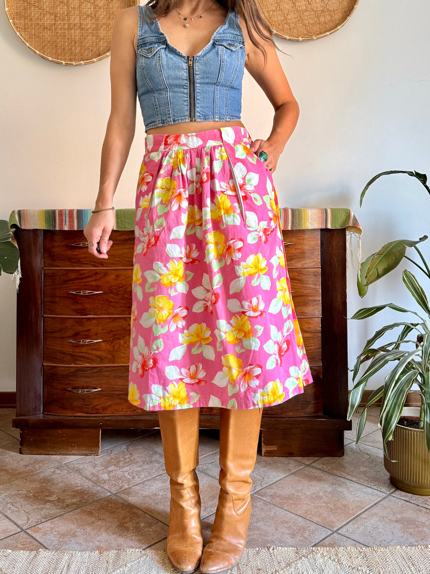 1970’s vintage pink and yellow button down midi skirt