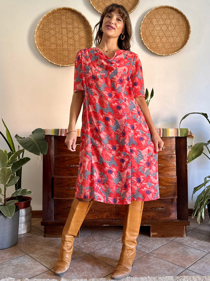 1960’s vintage punk and purple floral print midi dress with cowl neck