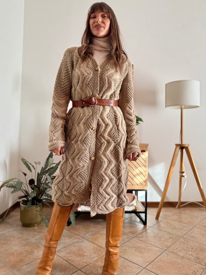 1970's vintage beige and cream chevron knit wool button down midi dress