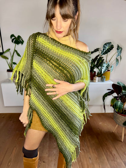 1970's vintage wool multitonal green stripe knit poncho with fringe details