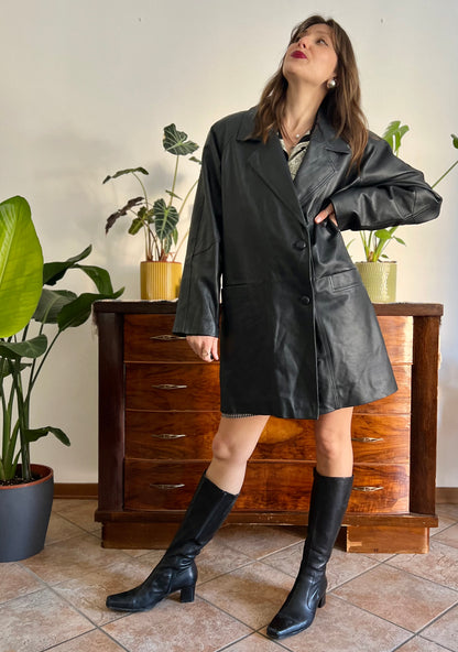 1980's vintage oversize black leather jacket with asymmetrical buttons