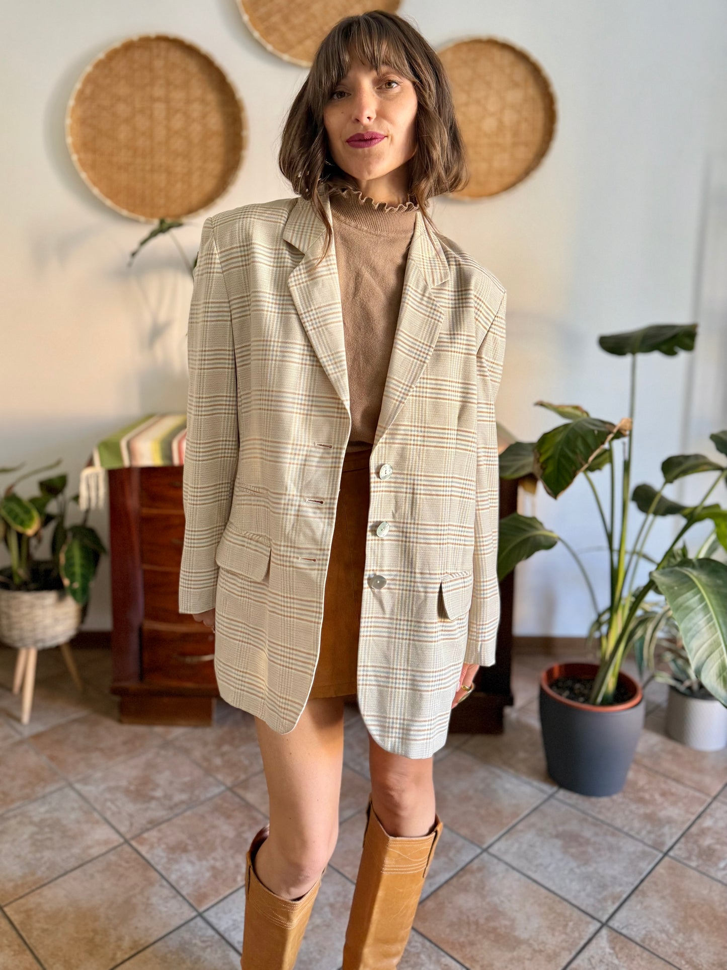 1970’s vintage wool cream, grey and tan plaid wool blazer with oversize mother of pearl buttons