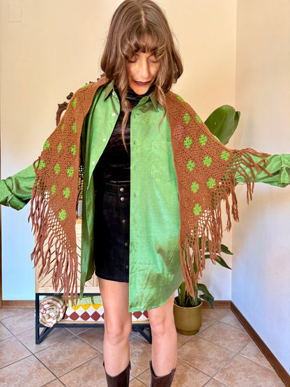 1970’s vintage chocolate brown and green knit shawl with fringe trim