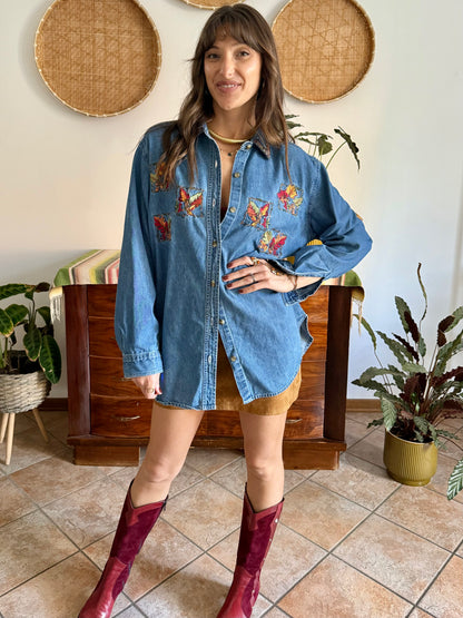 1990's vintage denim shirt with red, yellow and green embroidered autumn leaves