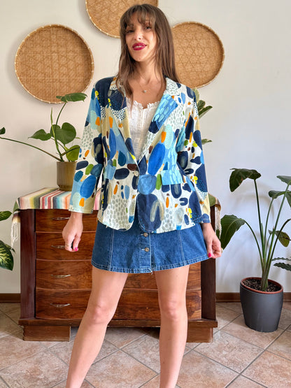 1990’s vintage blue, green and orange abstract print linen jacket