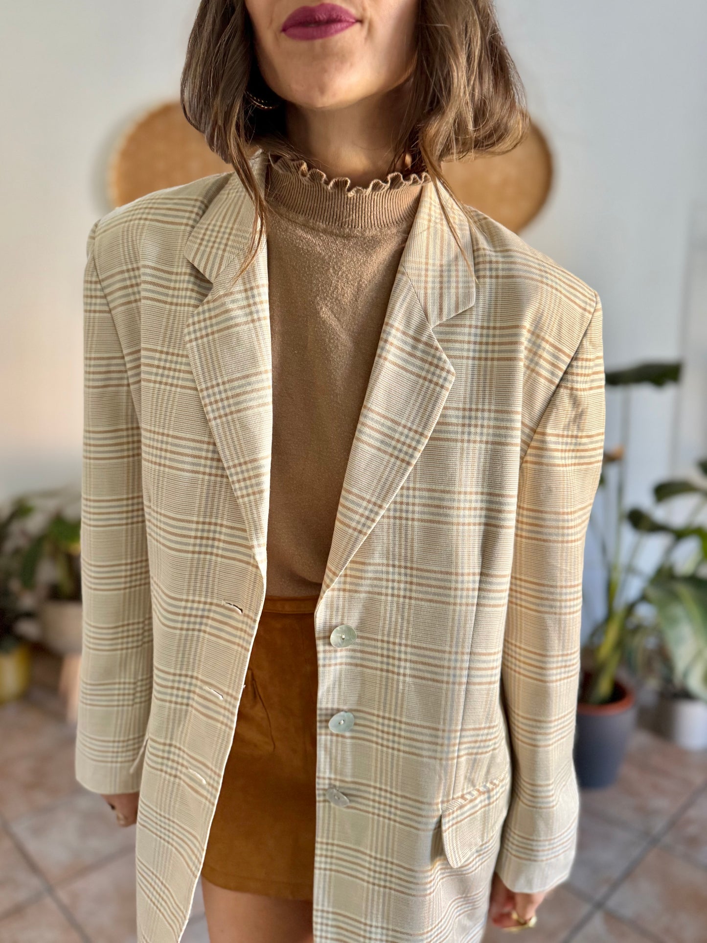 1970’s vintage wool cream, grey and tan plaid wool blazer with oversize mother of pearl buttons