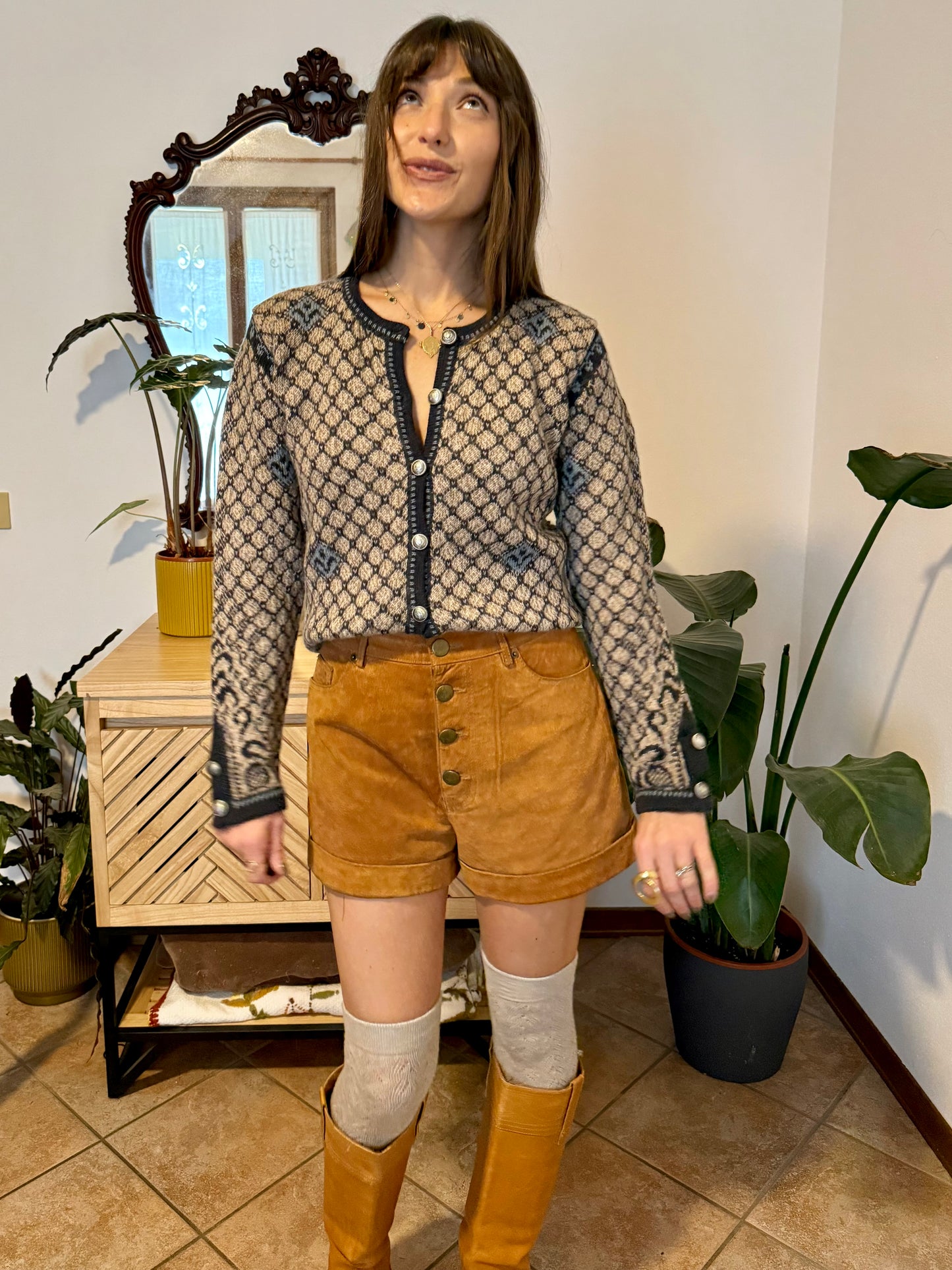 1990's vintage grey and beige alpaca knit cardigan with turquoise geometric pattern