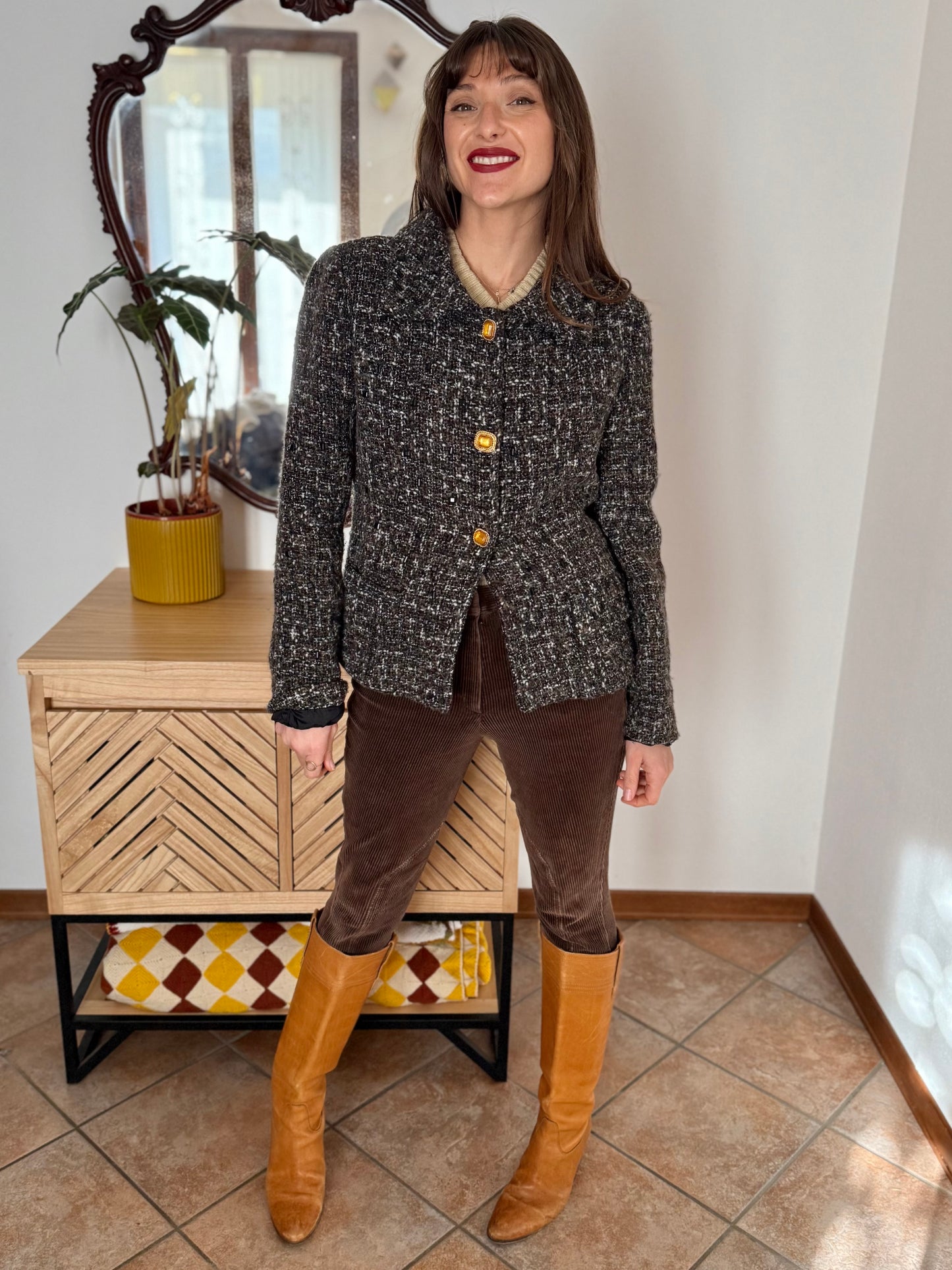 1990’s vintage black, khaki and cream boucle wool with gold and yellow glass buttons