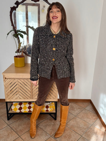 1990’s vintage black, khaki and cream boucle wool with gold and yellow glass buttons