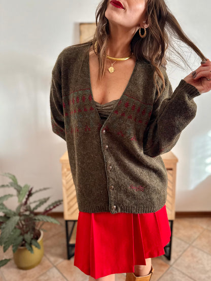 1990’s vintage green, red and khaki geometric knit wool and alpaca blend cardigan