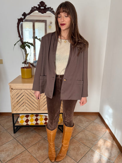 1970's vintage dark khaki brown oversize blazer with pleated shoulder details