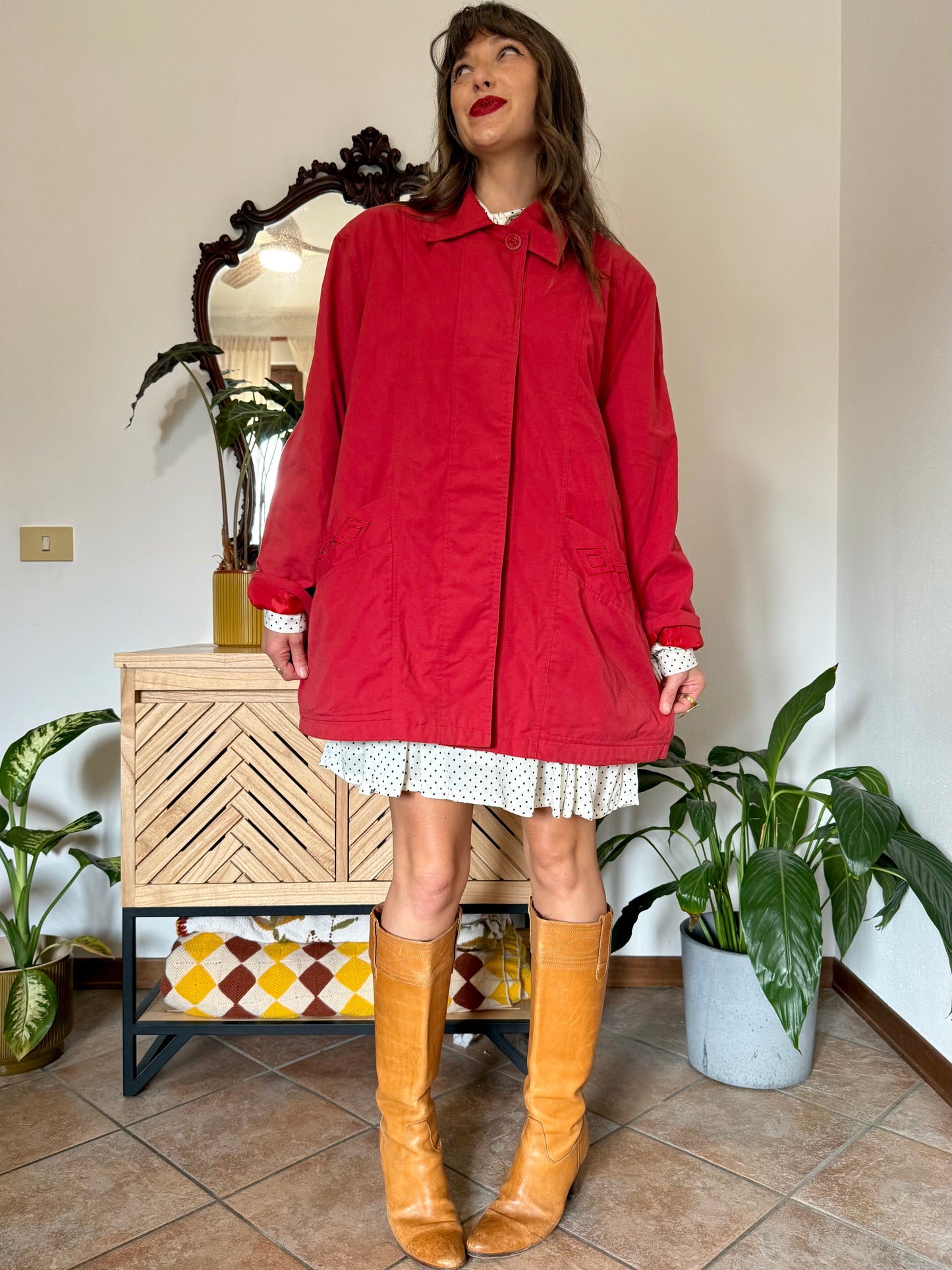 1990’s vintage cherry red chore coat with diamond embroidered detailing