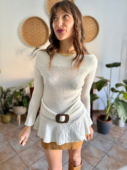 Y2K vintage asymmetrical cream mohair blend knit pullover with belt detail