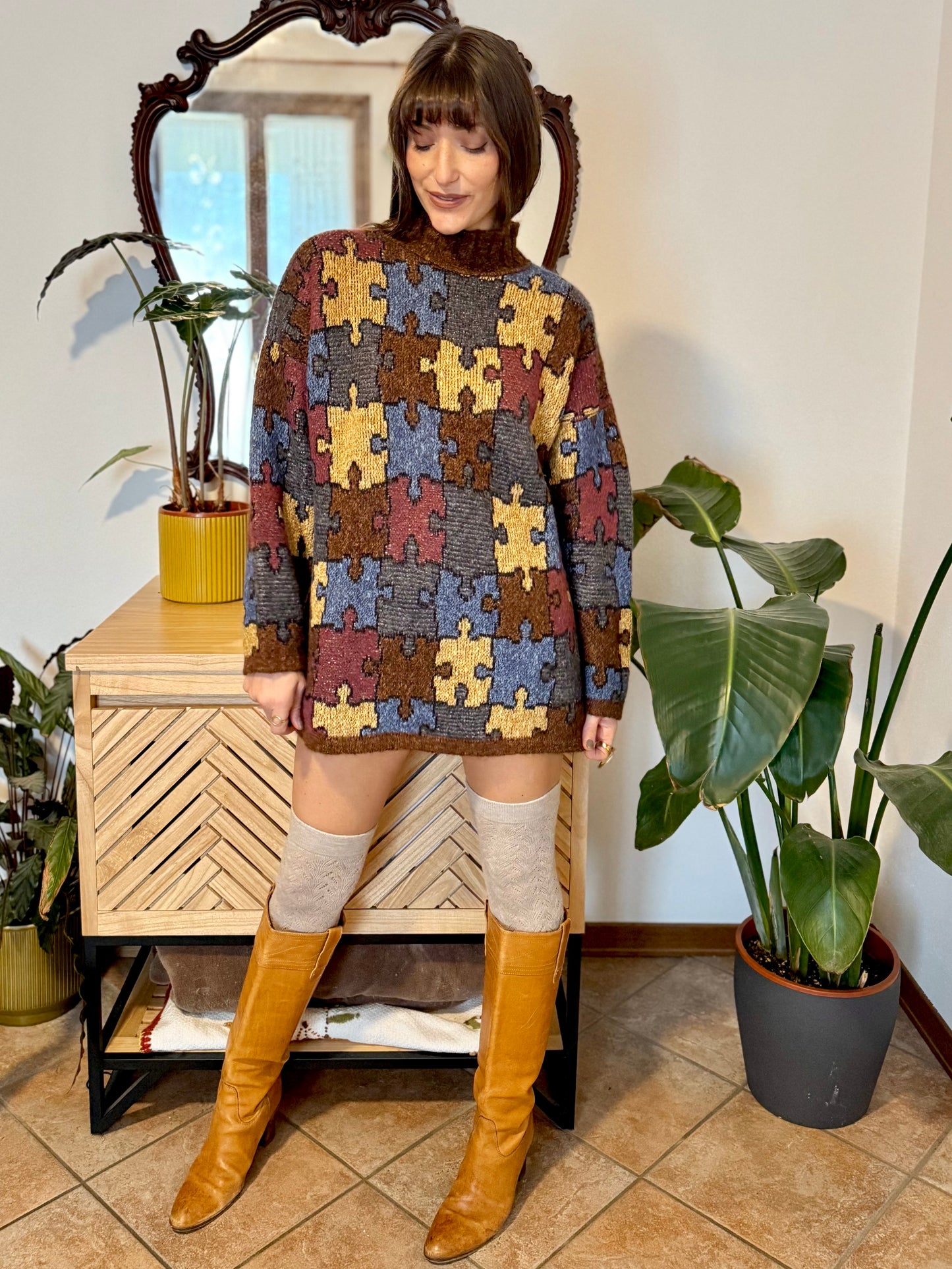 1970's vintage chocolate brown, yellow, blue and burgundy puzzle pattern knit wool pullover