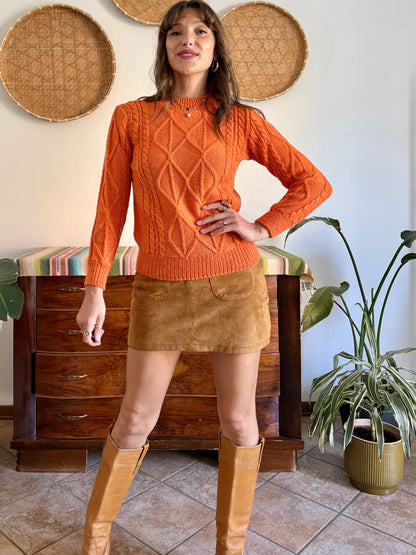 1970's vintage orange wool mock neck cable knit pullover