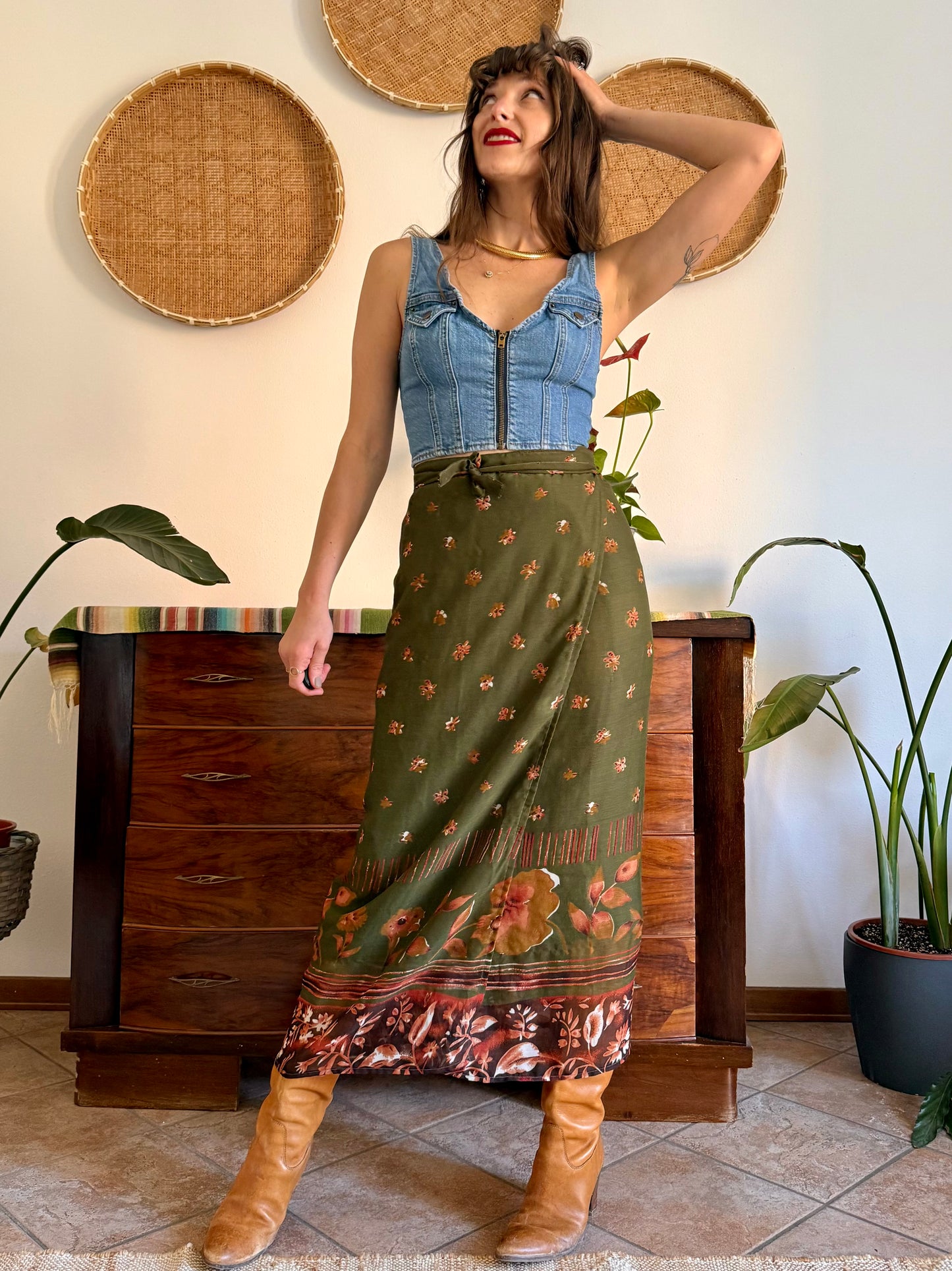 1990's vintage olive green, brown and dark orange floral wrap maxi skirt