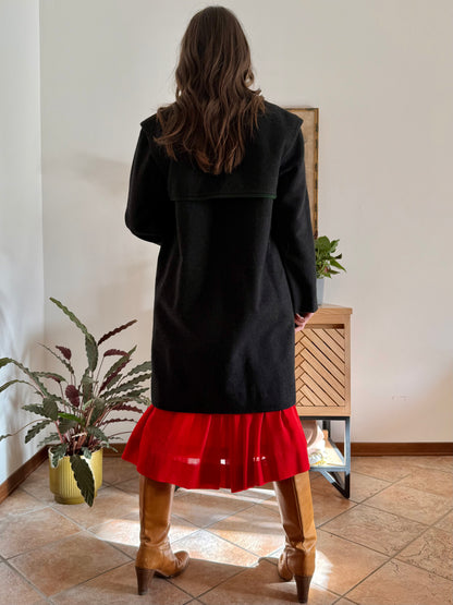 1950's vintage charcoal grey tyrol coat with green trimming and red and green plaid wool lining