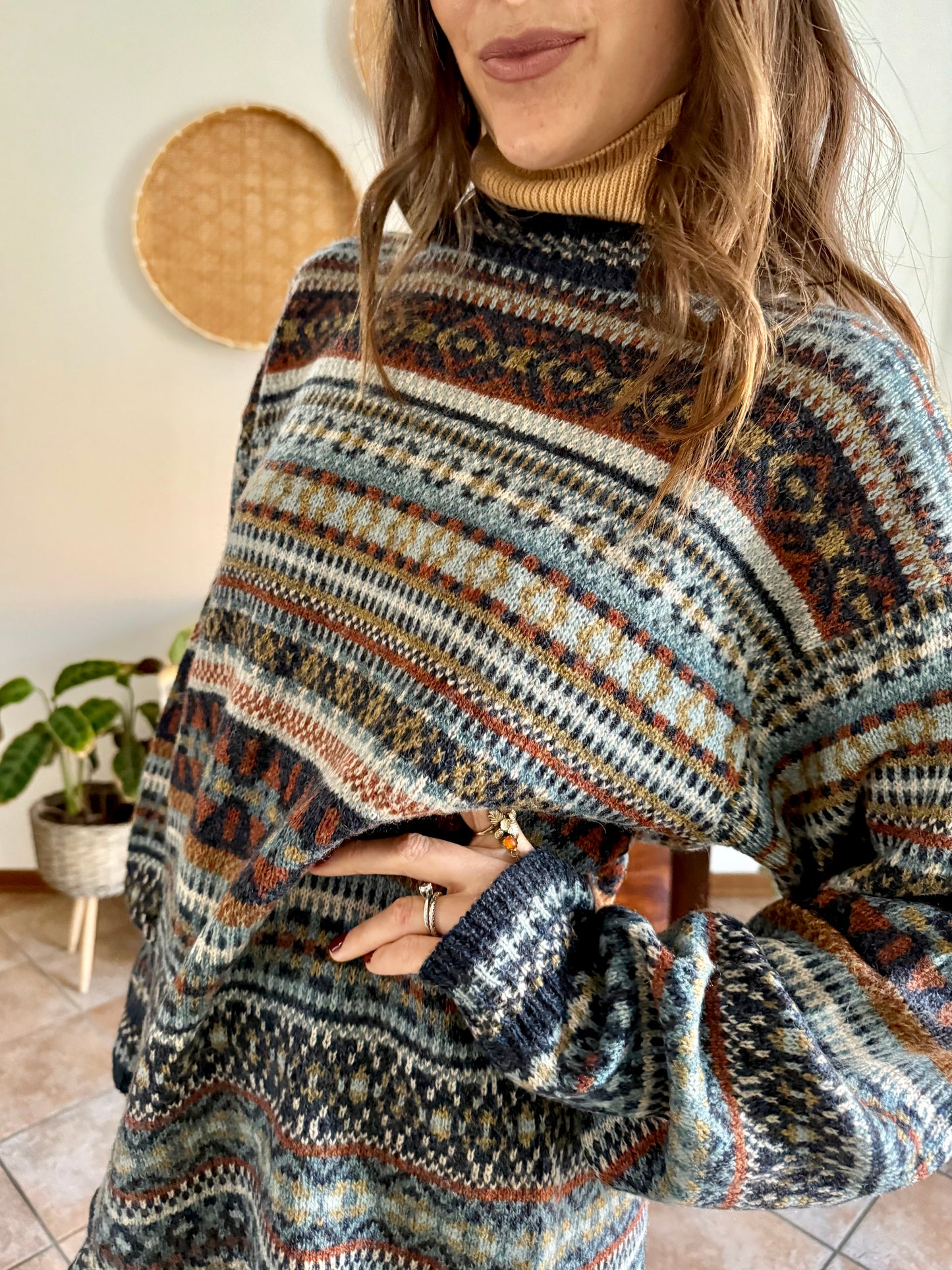 1990's vintage wool chocolate brown, navy and light blue geometric stripe knit sweater dress