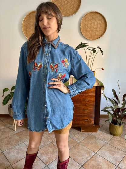 1990's vintage denim shirt with red, yellow and green embroidered autumn leaves