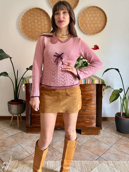 Y2K vintage pink knit bell sleeve knit pullover with bow details
