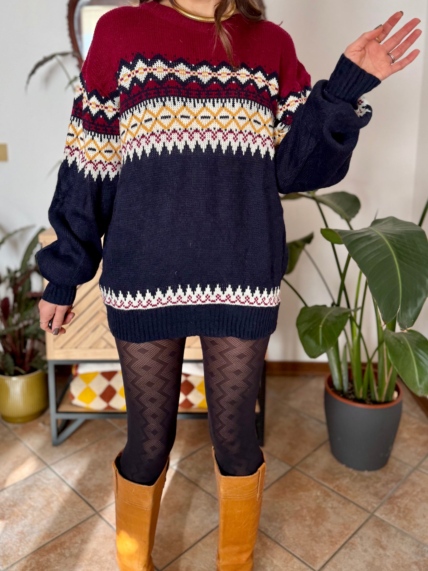 1980's vintage burgundy, navy and mustard yellow knit pullover dress