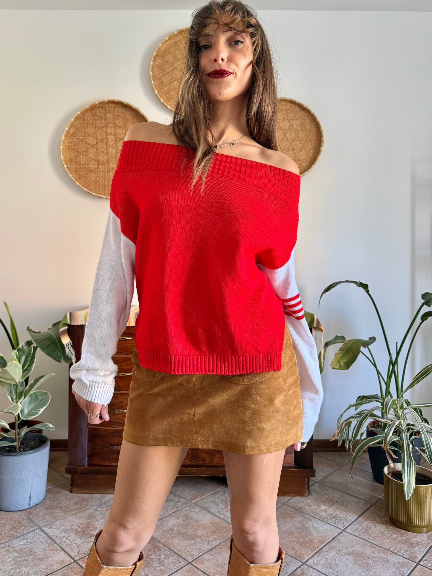 1970’s vintage red and white off the shoulder knit pullover