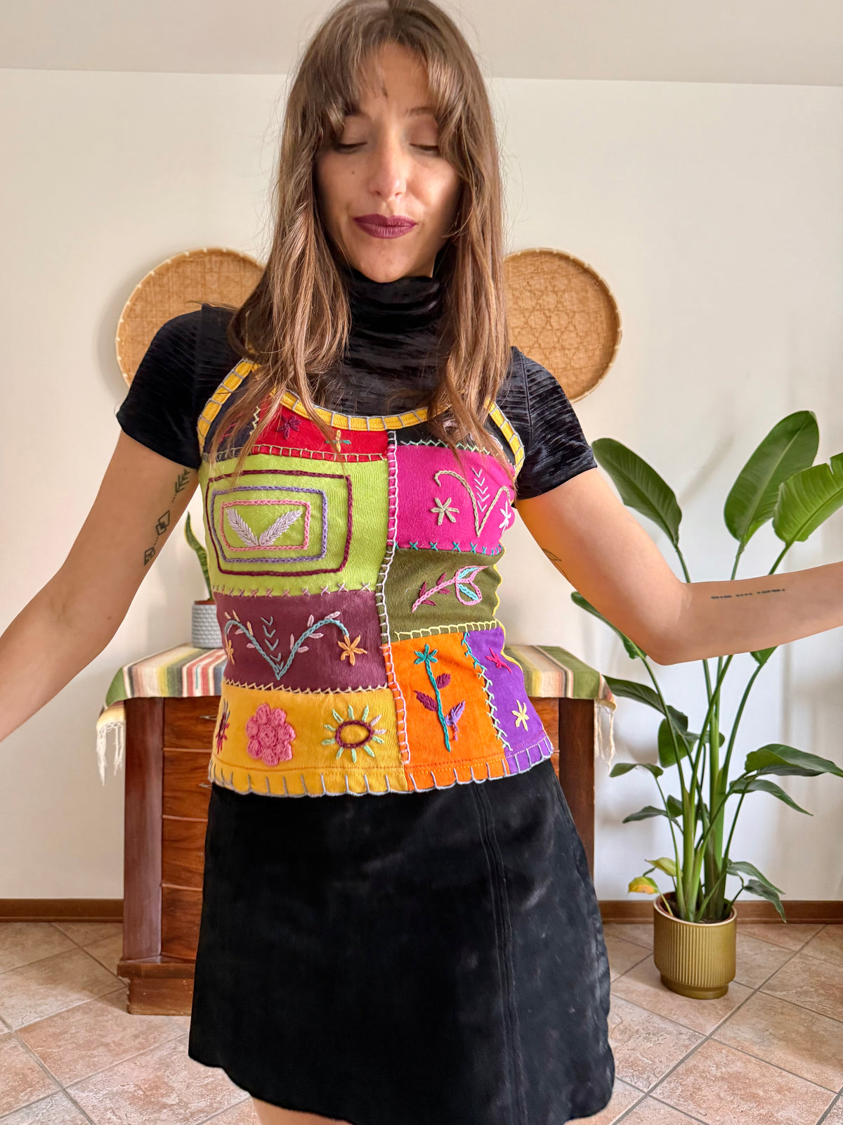 1990’s vintage multicolour patches or embroidered spaghetti strap top