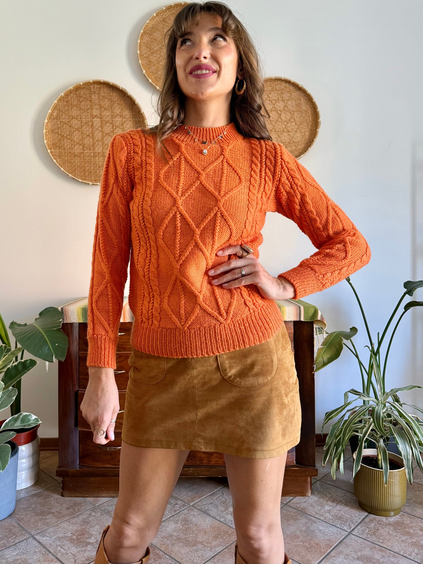 1970's vintage orange wool mock neck cable knit pullover