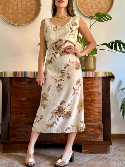1990's vintage beige floral maxi dress with chocolate brown floral print
