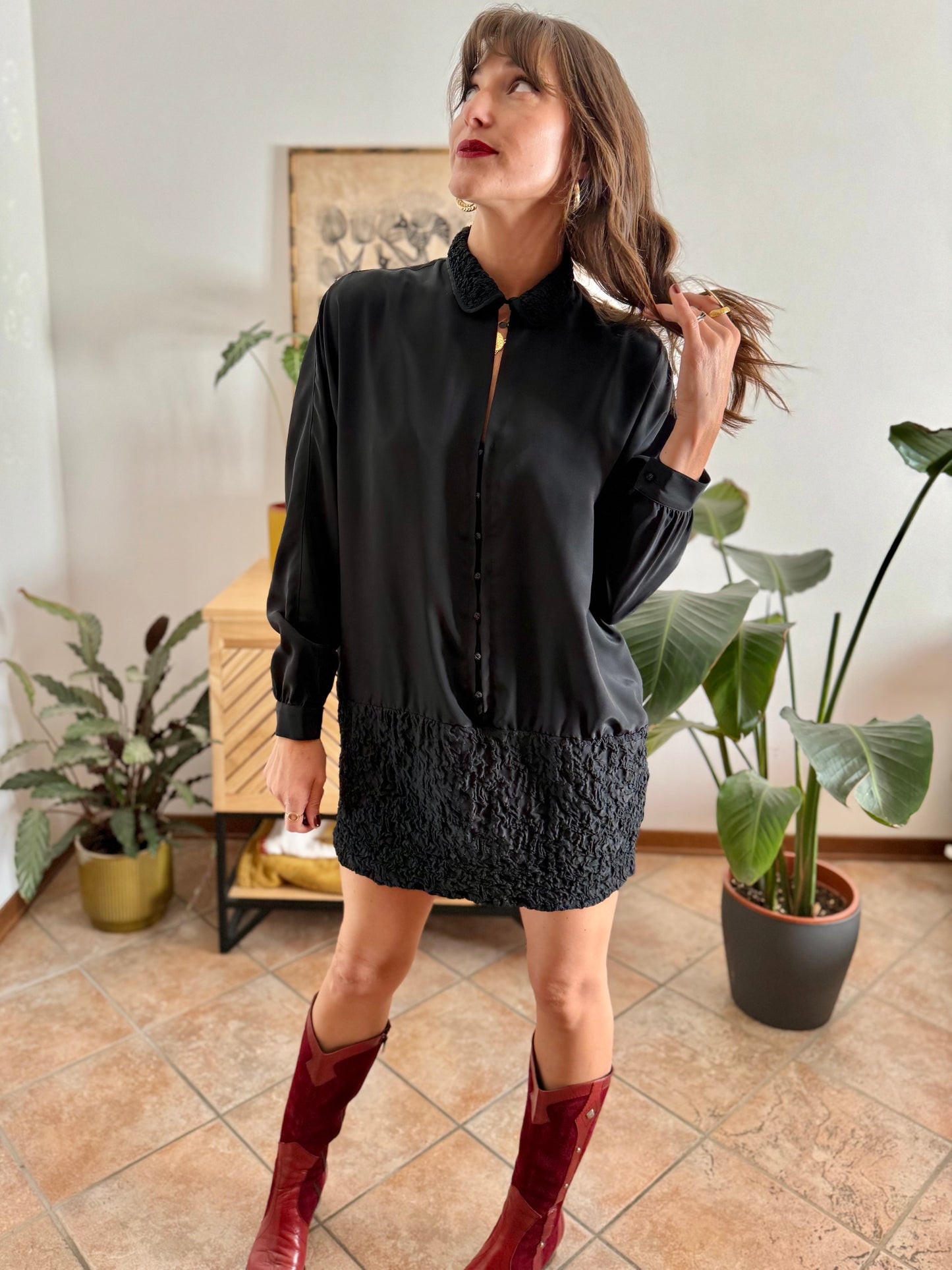 1960’s vintage rouched bottom black satin mini dress