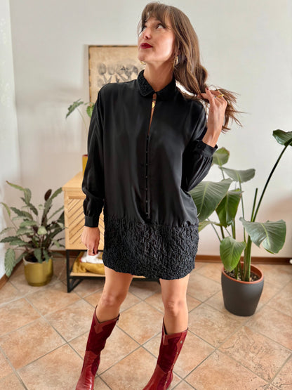 1960’s vintage rouched bottom black satin mini dress
