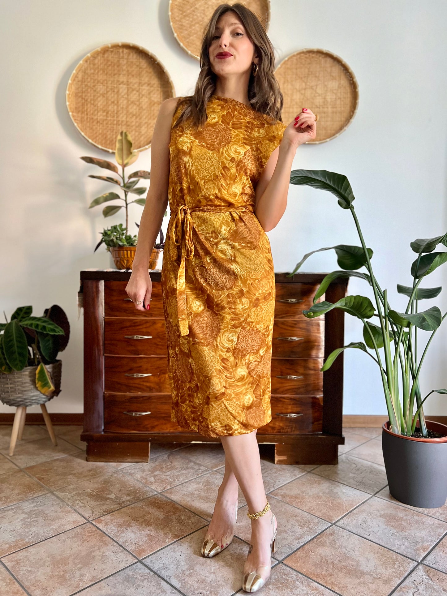 1960's vintage tan and mustard yellow floral print midi dress with cowl back