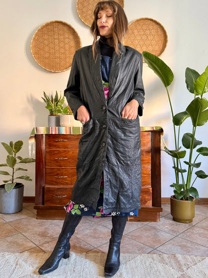 1990’s vintage butter soft black leather trench coat with lapel detail
