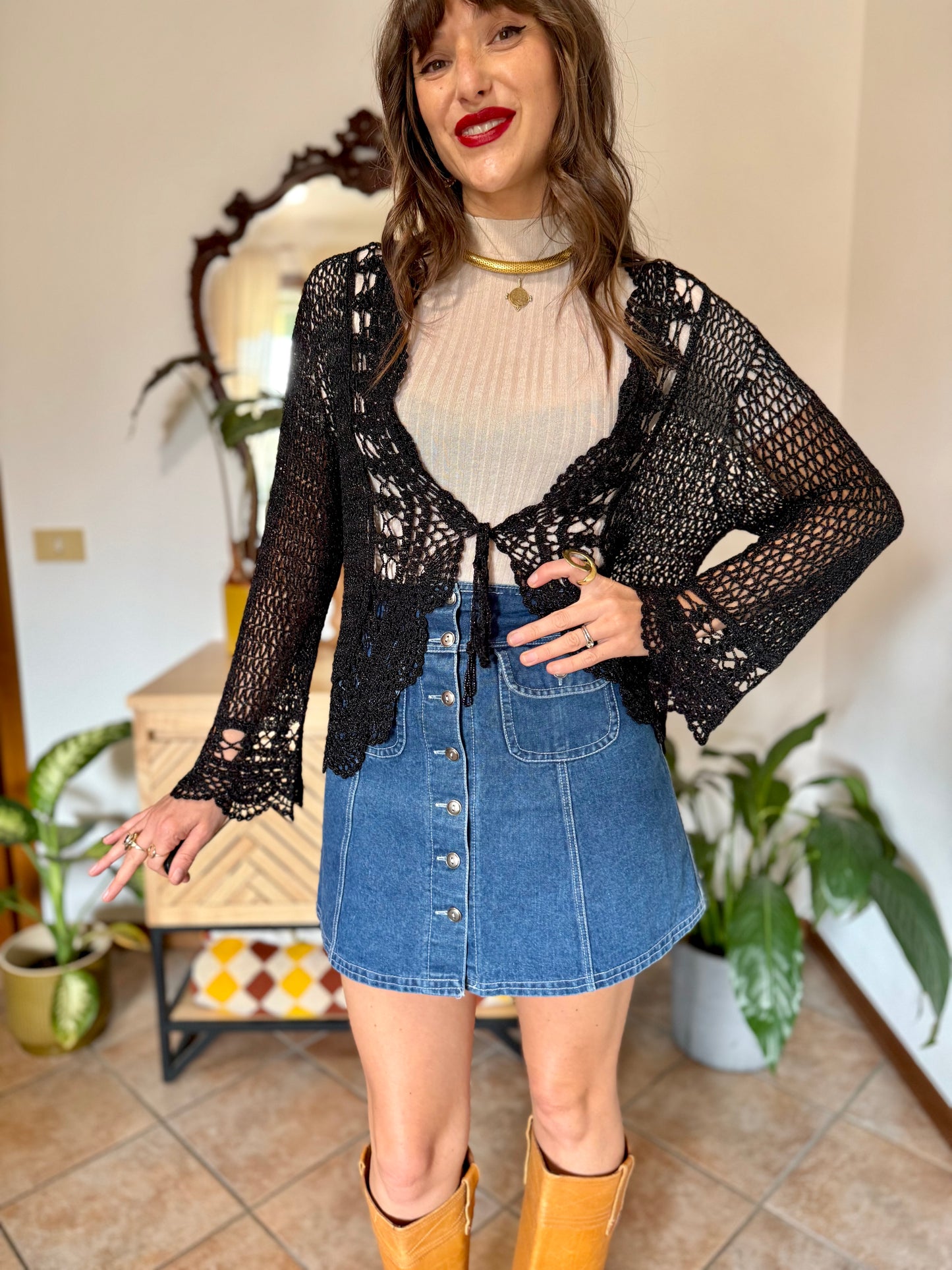 Y2k vintage black bell sleeve crocheted cardigan with silver thread accents