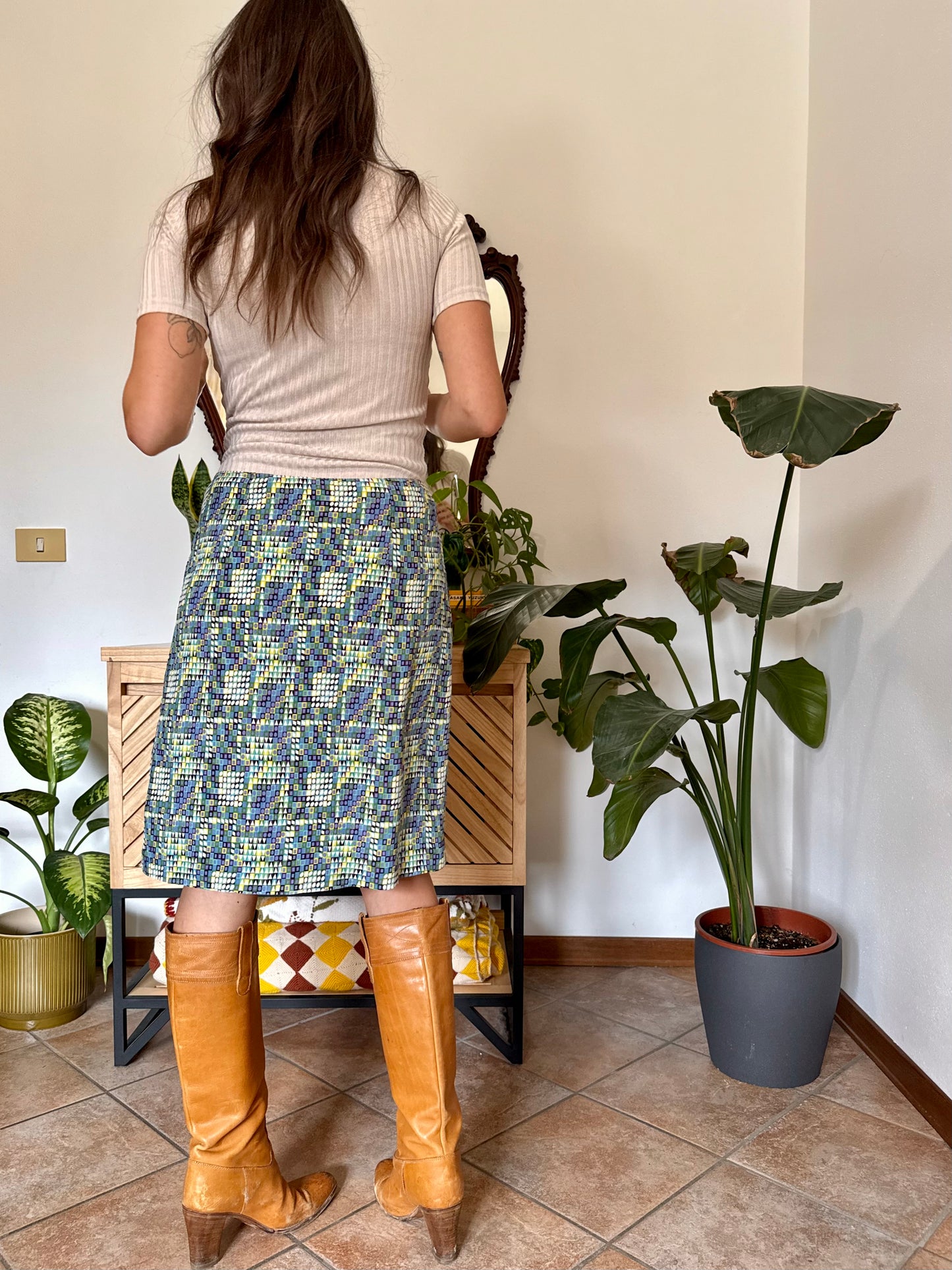 1970’s vintage turquoise, lilac and green geometric print silk midi skirt