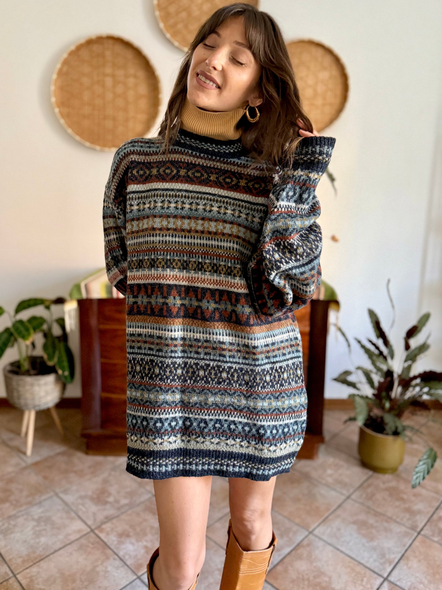 1990's vintage wool chocolate brown, navy and light blue geometric stripe knit sweater dress
