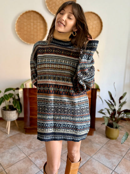1990's vintage wool chocolate brown, navy and light blue geometric stripe knit sweater dress
