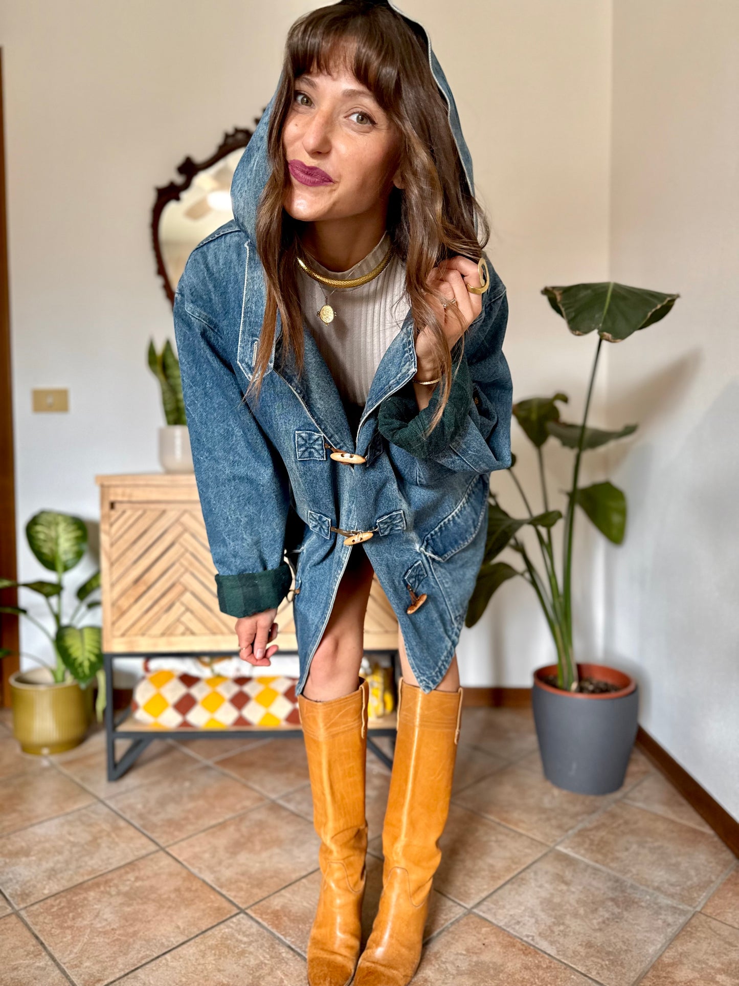 1990’s vintage denim duffle coat with green and navy plaid lining