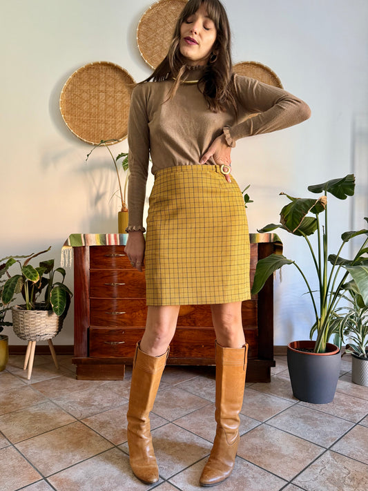 1970’s vintage mustard yellow and grey herringbone mini skirt