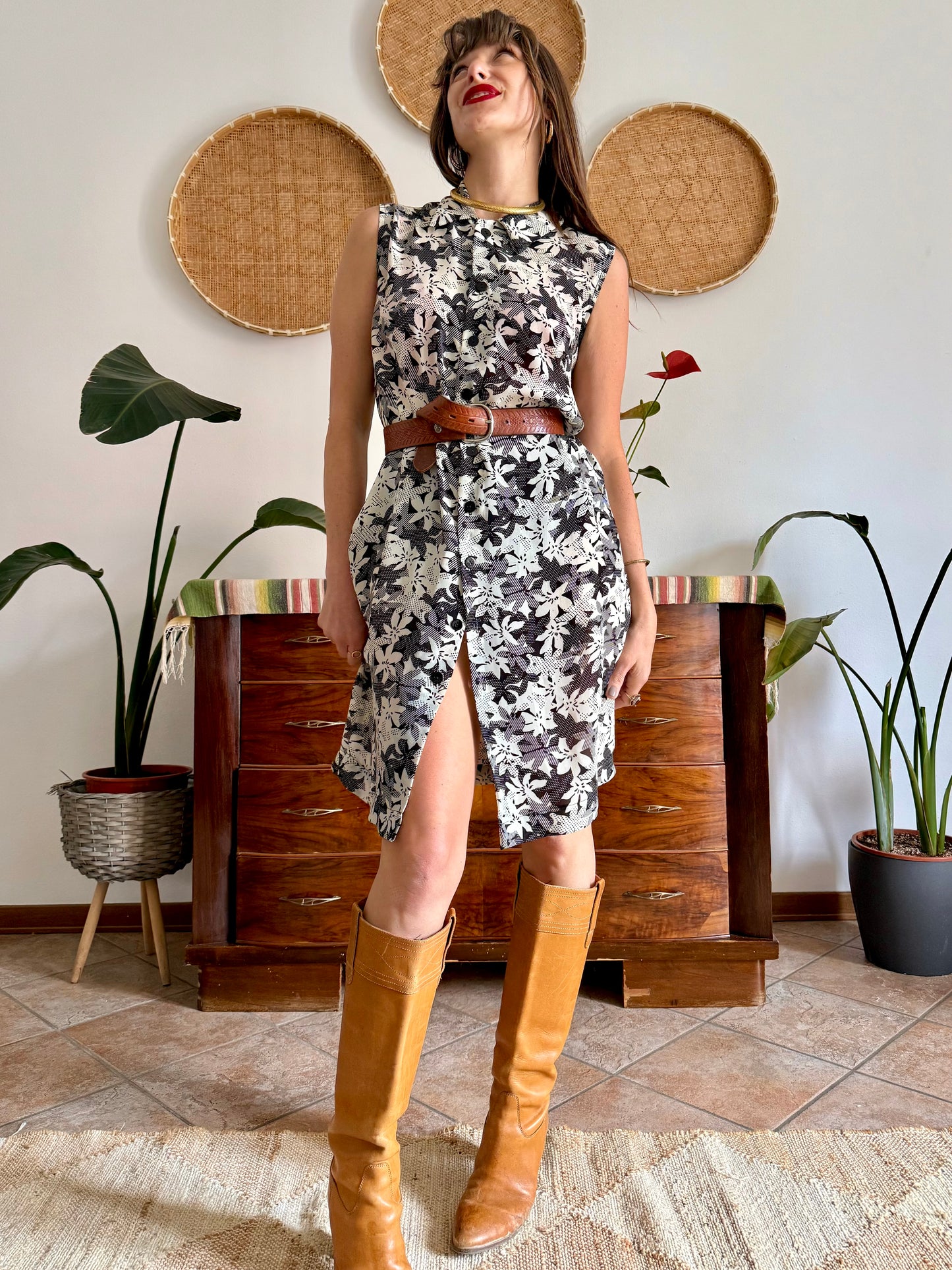1970’s vintage semi sheer black and white floral print midi dress
