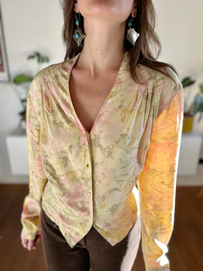 1970's vintage pink and green watercolour effect floral blouse